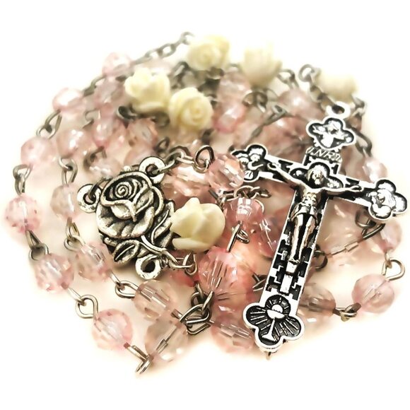 Lourdes Blush Pink Crystal Bead Rosary Necklace for Women with Virgin Mary Cente - Picture 1 of 6